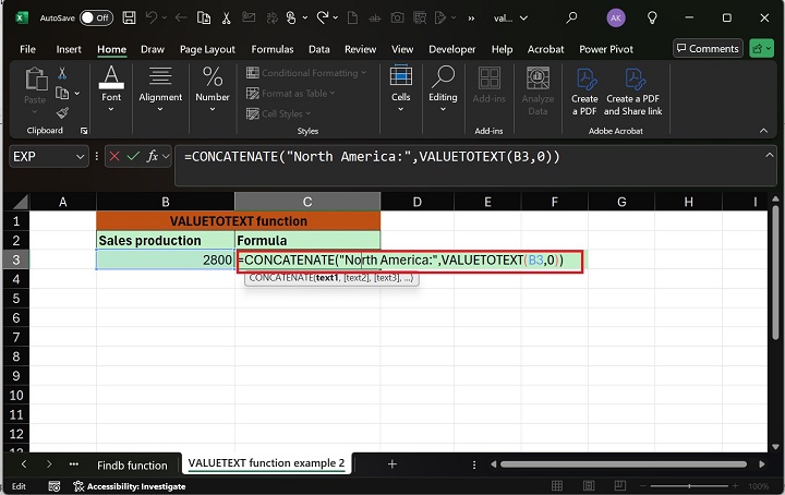 CONCATENATE function with the VALUETOTEXT function