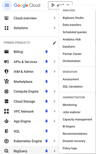 Google Cloud Console Menu