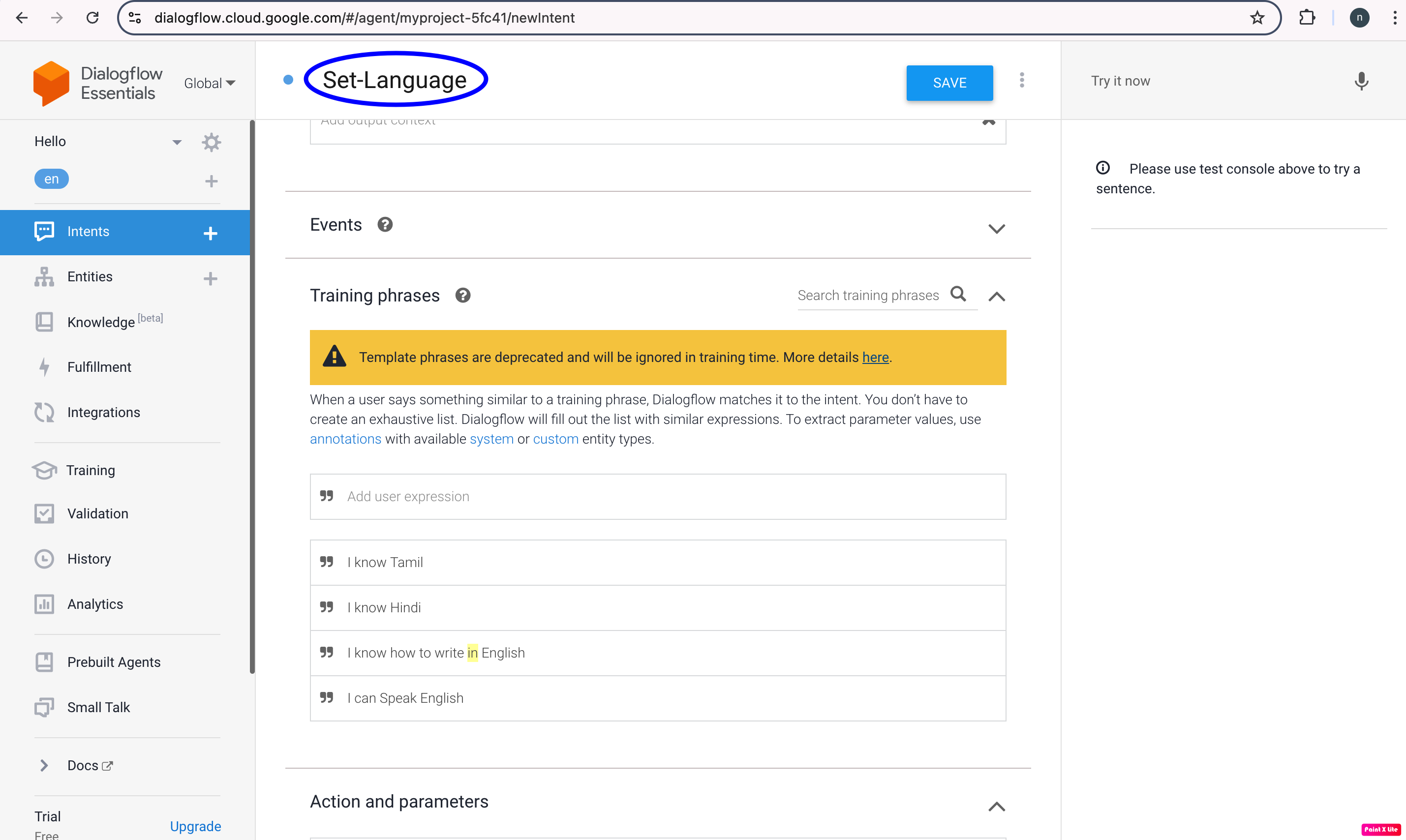 Dialogflow Set Language
