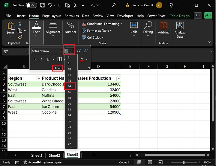 Expand Font Size Option From Drop-down List in Excel